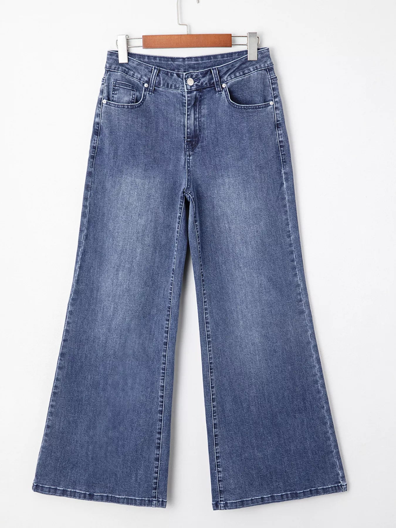 High Waist Button Zip Flare Leg Jeans OutfitFlow
