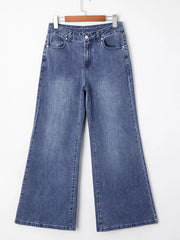 High Waist Button Zip Flare Leg Jeans OutfitFlow