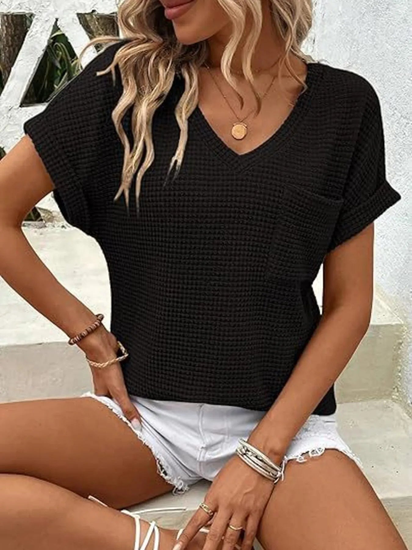 Waffle Knit V-Neck Casual T-Shirt OutfitFlow