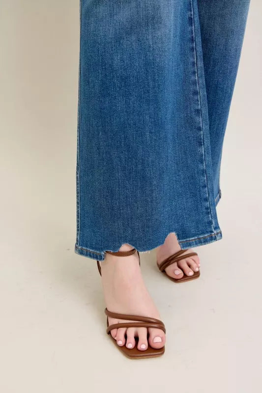 Judy Blue Full Size High Waist Tummy Control Chew Hem Destroy Wide Jeans Plus Size OutfitFlow