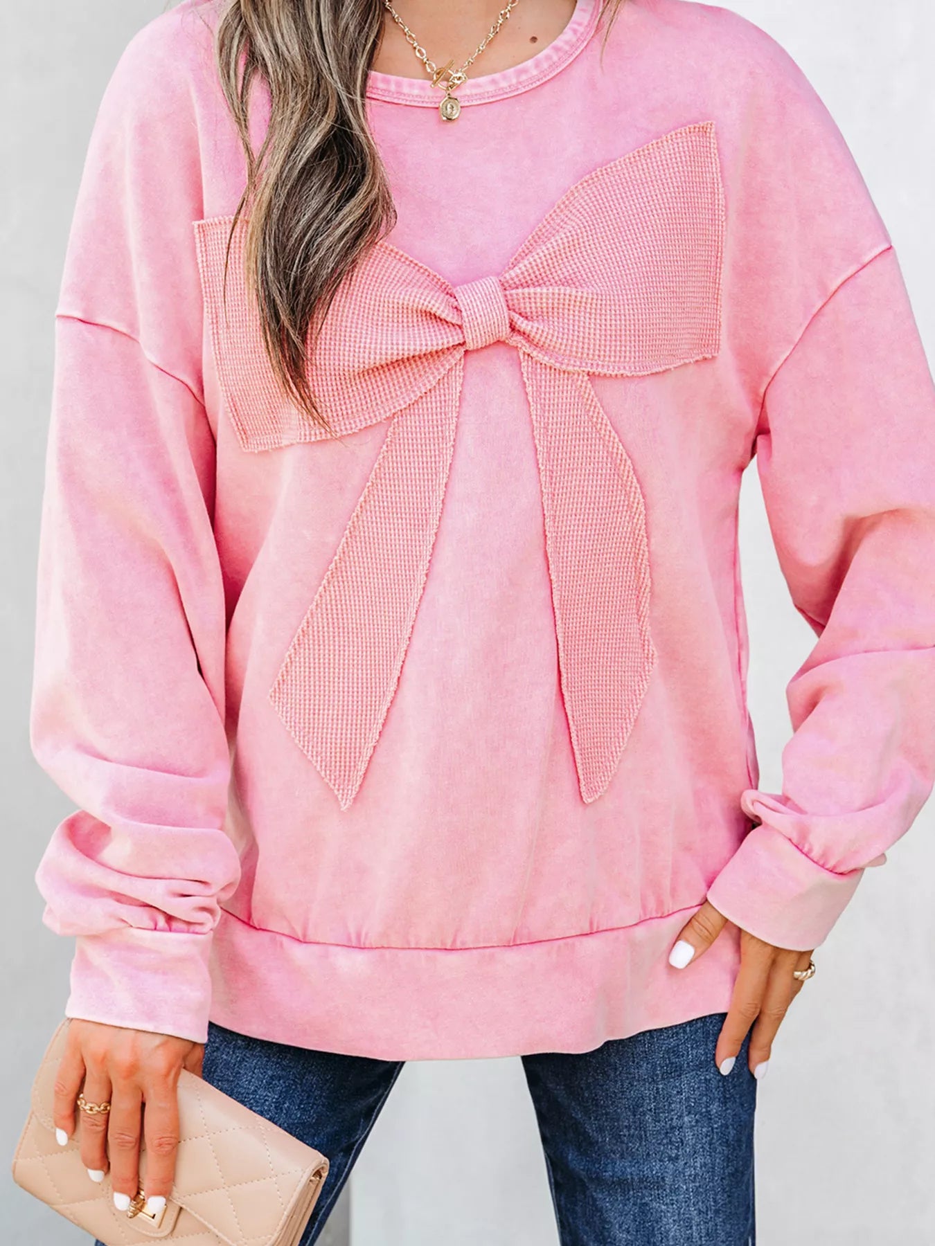 Mineral Wash Bow Patchwork Sweatshirt OutfitFlow