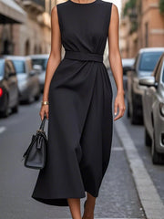 Round Neck Sleeveless Midi Dress Black OutfitFlow