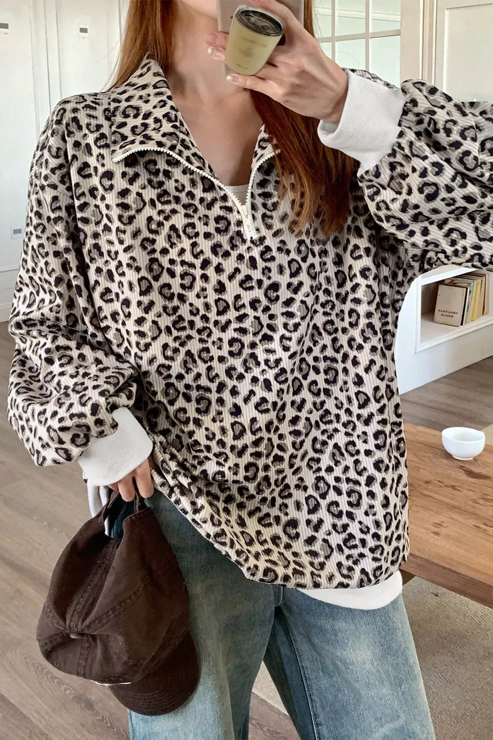 Leopard Print Quarter-Zip Sweatshirt Leopard OutfitFlow