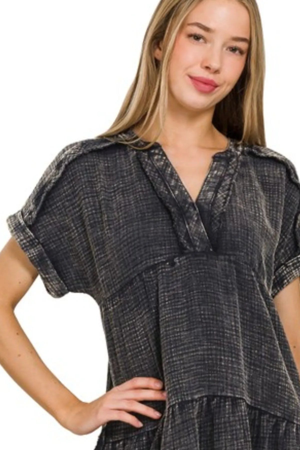 Zenana Washed Double Gauze Raw Edge V-neck Dress OutfitFlow