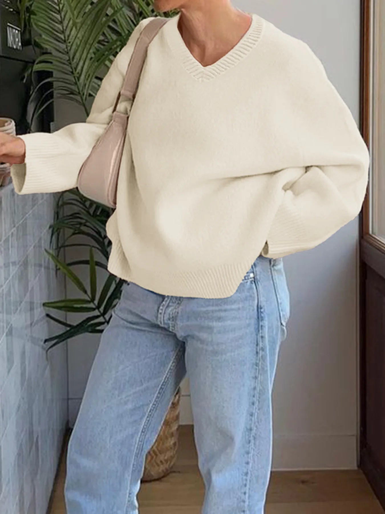 V-Neck Long Sleeve Sweater OutfitFlow