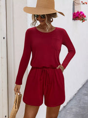 Long Sleeve Drawstring Romper Burgundy OutfitFlow