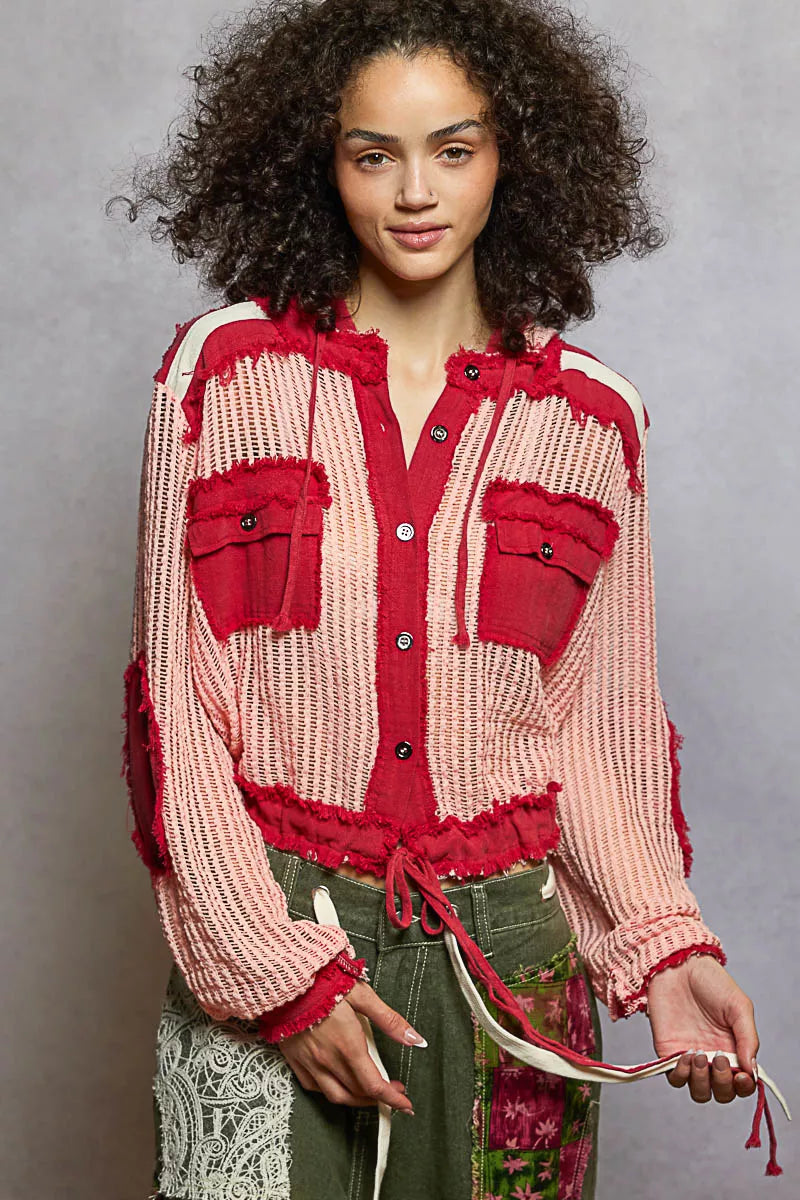 POL Texture Woven Button Down Hooded Shirt with Drawstring Hem OutfitFlow