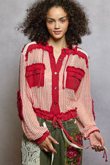 POL Texture Woven Button Down Hooded Shirt with Drawstring Hem OutfitFlow