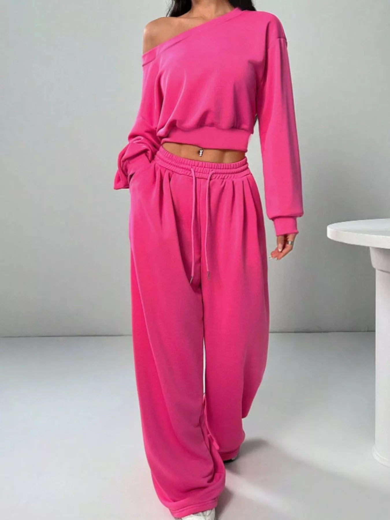 Boat Neck Long Sleeve Top and Pants Set OutfitFlow