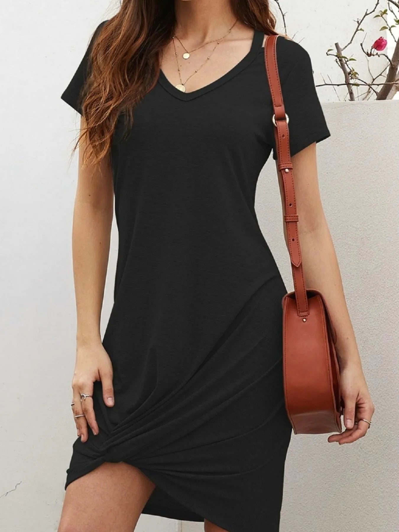 V-Neck Twisted Knot T-Shirt Dress OutfitFlow