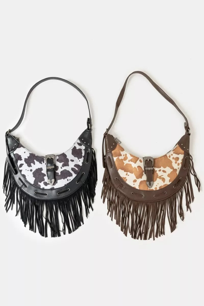 Fame Cow Print Faux Leather Fringe Hobo Bag OutfitFlow