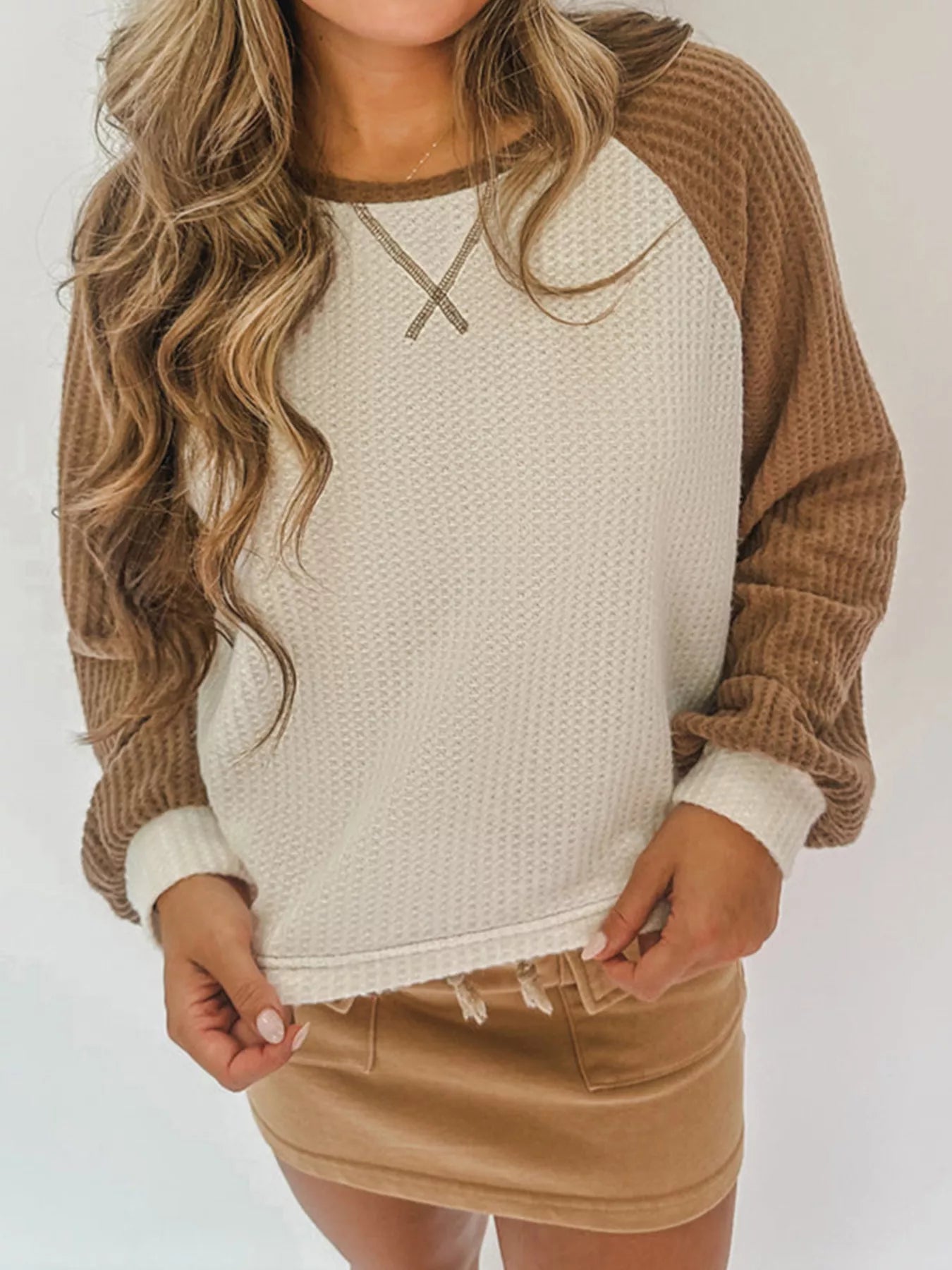 Waffle Knit Raglan Sleeve Top Beige OutfitFlow