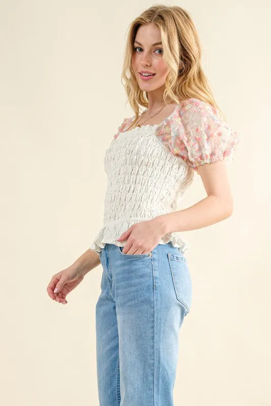 And The Why Embellishment Sleeve Smocked Top OutfitFlow