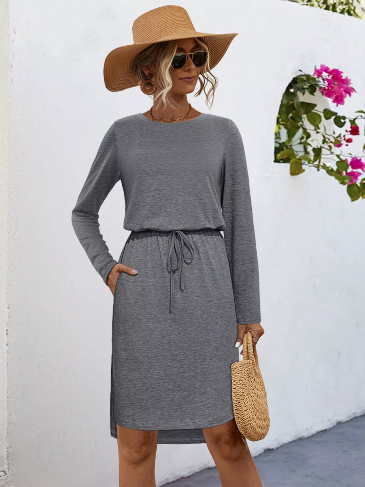 Long Sleeve Drawstring Midi Dress Dark Gray OutfitFlow