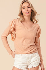 BiBi Triblend V Neck Top with Shoulder Shrring Detail PEACH OutfitFlow