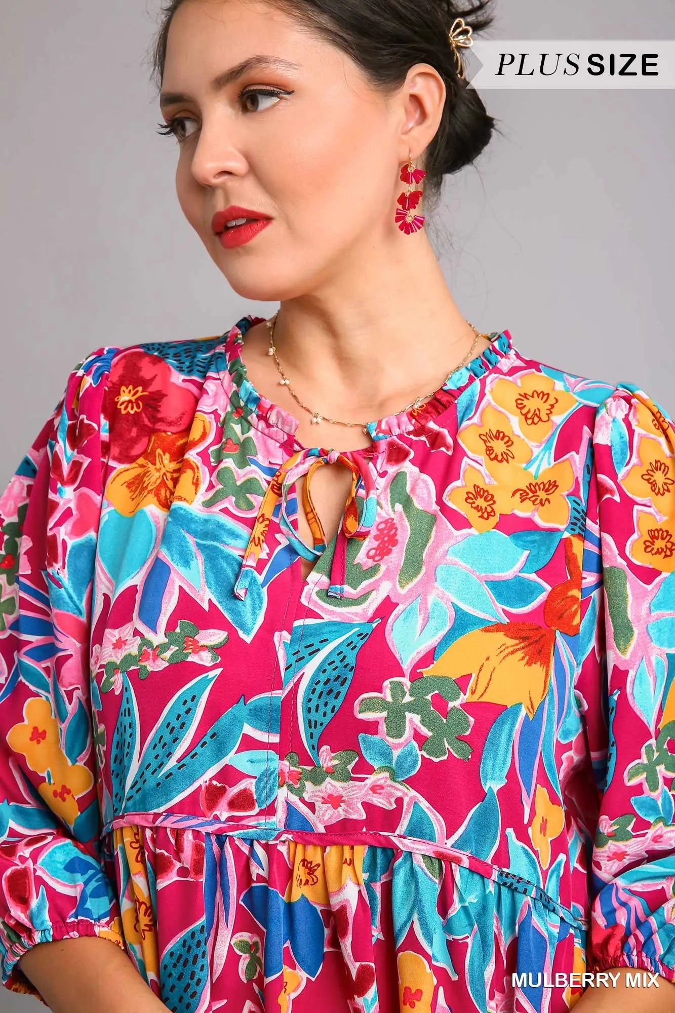 Umgee Full Size Floral Print Tie Neck Midi Dress with Pockets Plus Size Trendsi