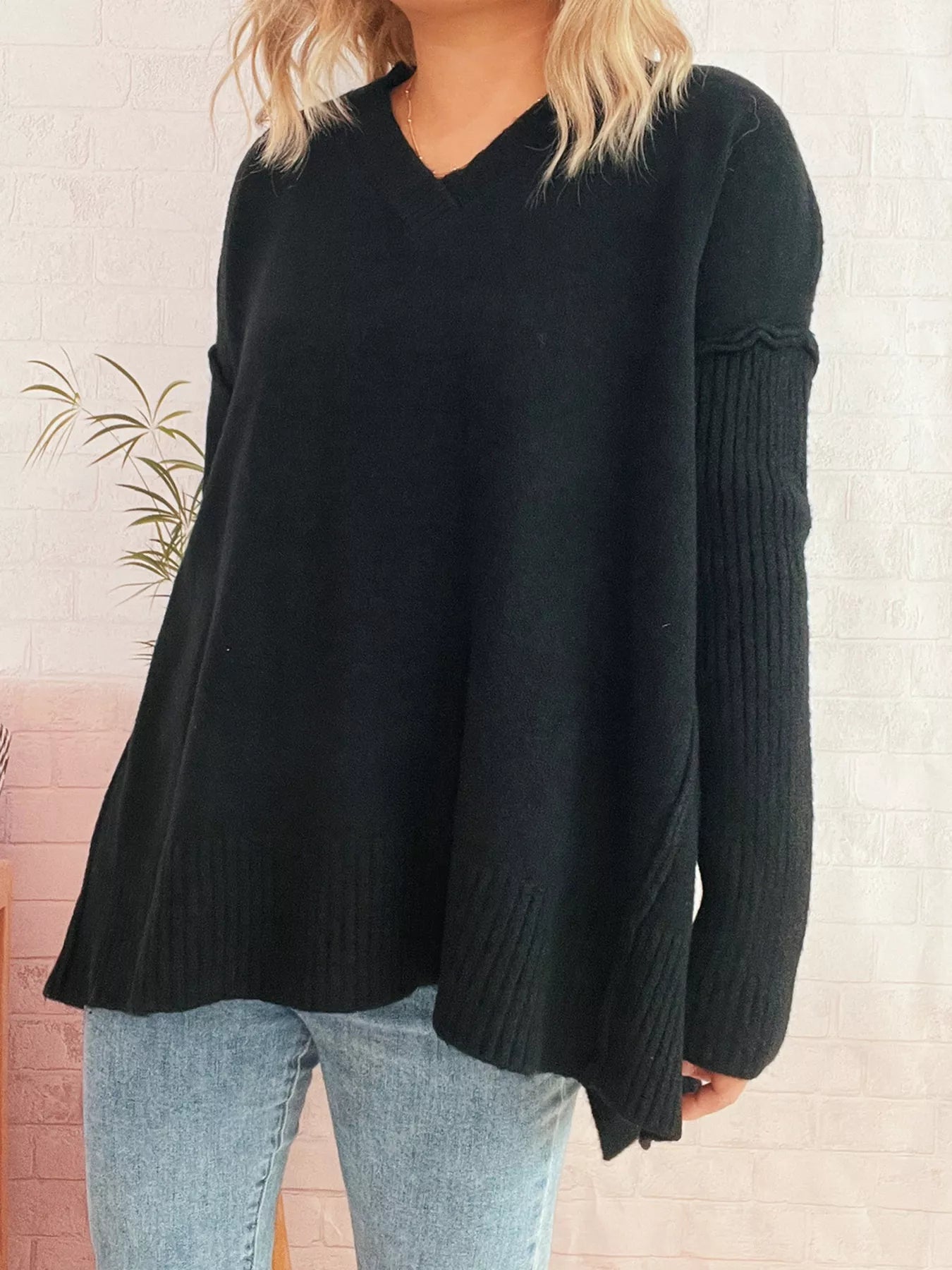 V-Neck Dropped Shoulder Sweater OutfitFlow