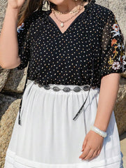 Plus Size Printed Tie Neck Half Sleeve Blouse OutfitFlow
