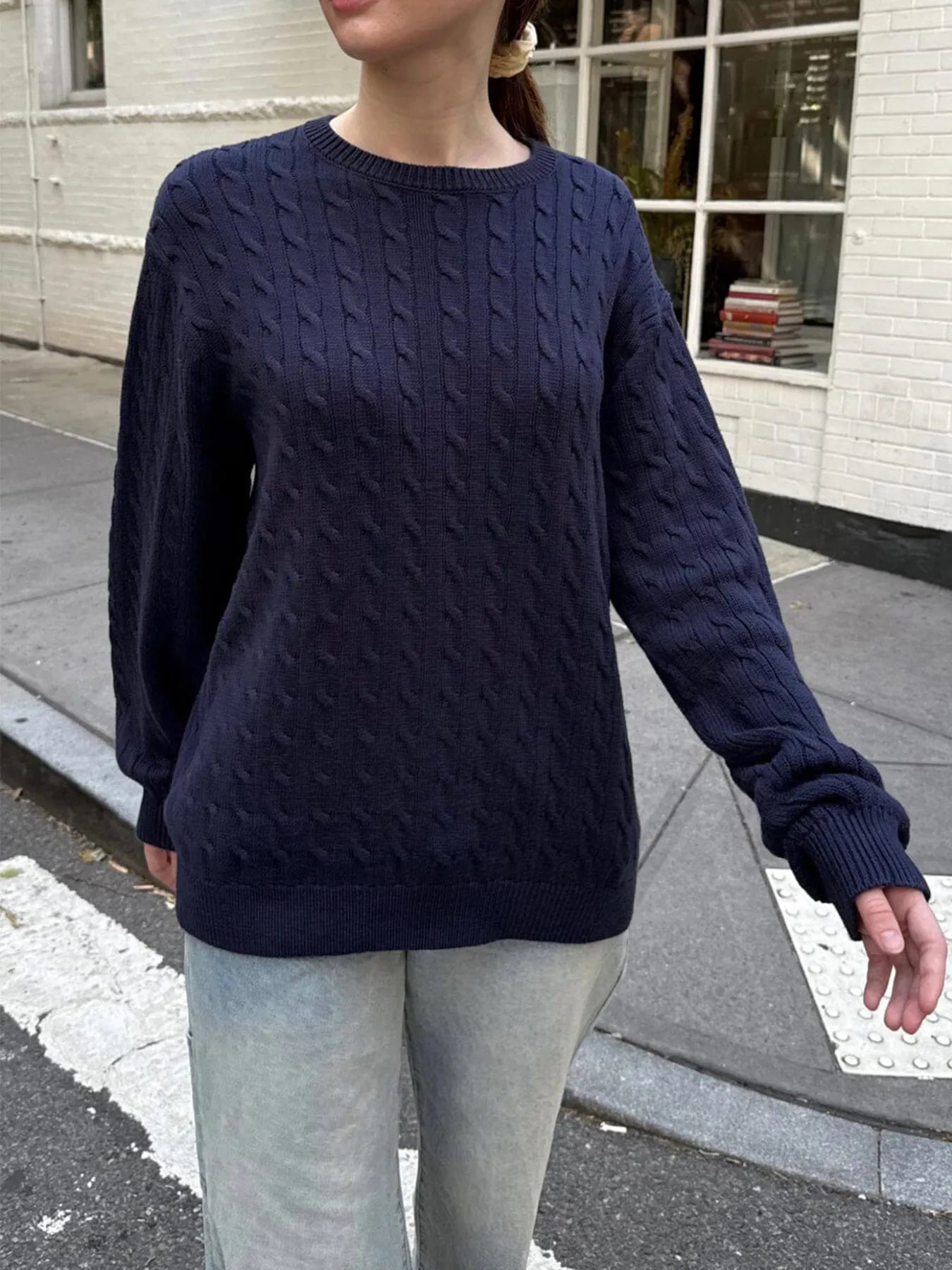 Cable-Knit Round Neck Pullover Sweater OutfitFlow