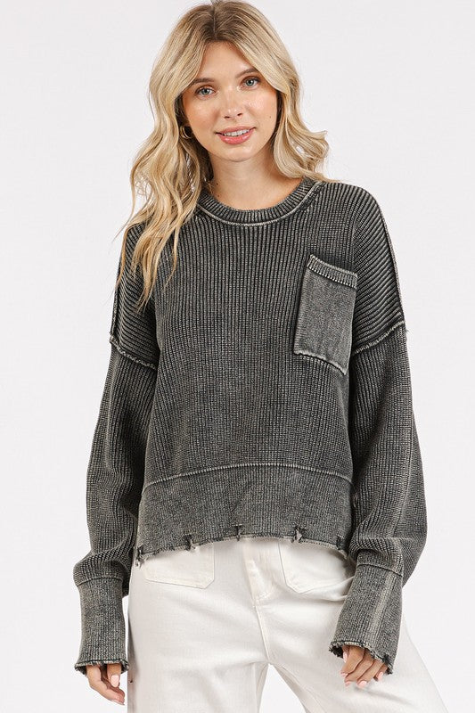 Outfit Flow - Mittoshop Distressed Hem Round Neck Dropped Shoulder Sweater