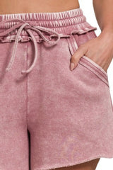 Zenana Acid Wash Fleece Drawstring Shorts With Pockets OutfitFlow