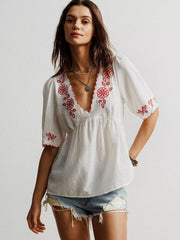 Embroidered Floral V-Neck Blouse OutfitFlow