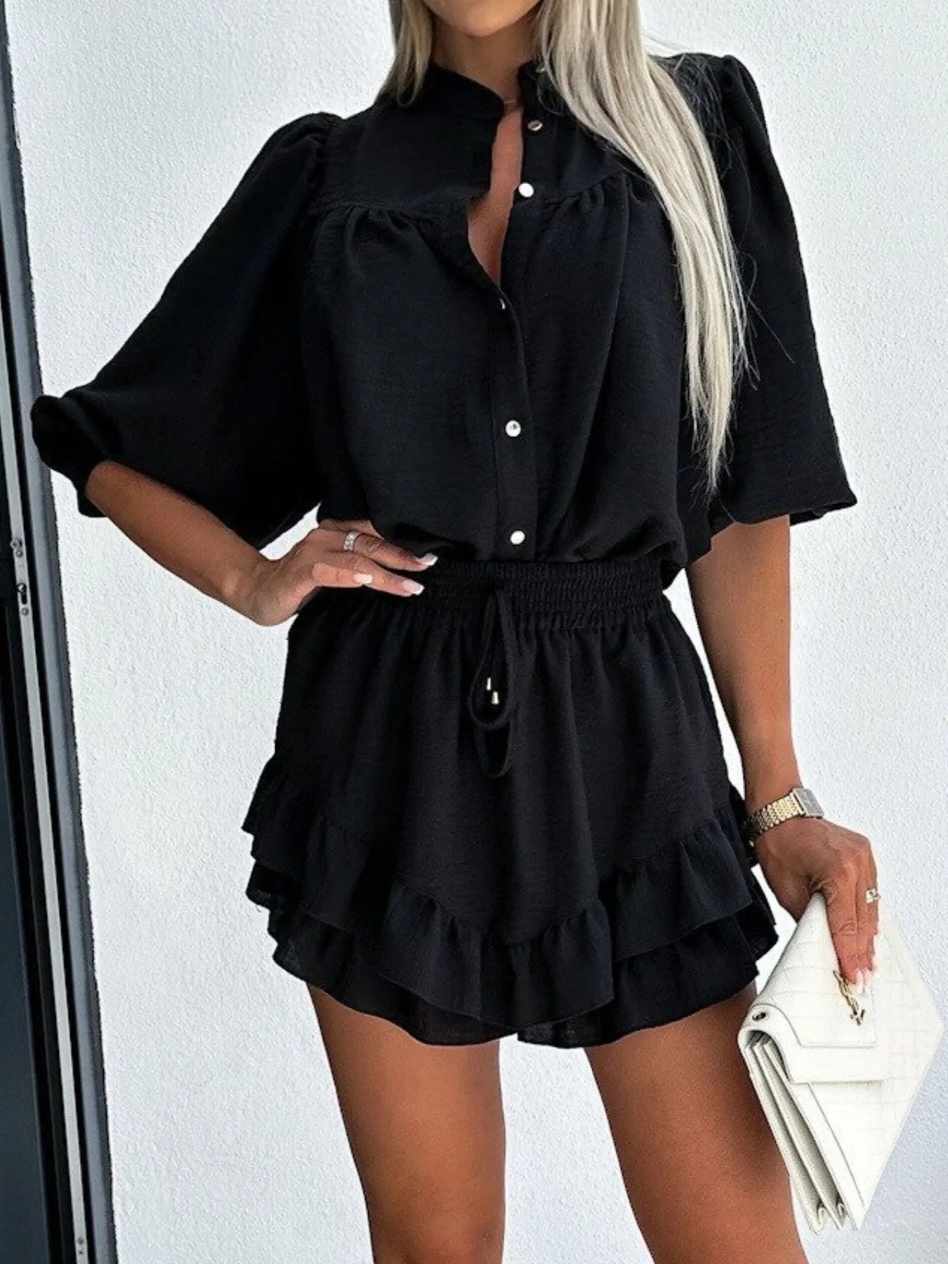 Button Up Top and Ruffled Skirt Set OutfitFlow