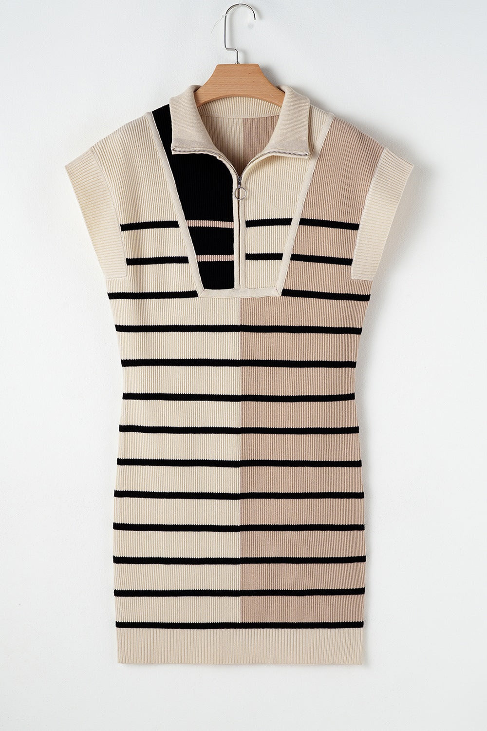 Striped Quarter Zip Cap Sleeve Sweater Dress