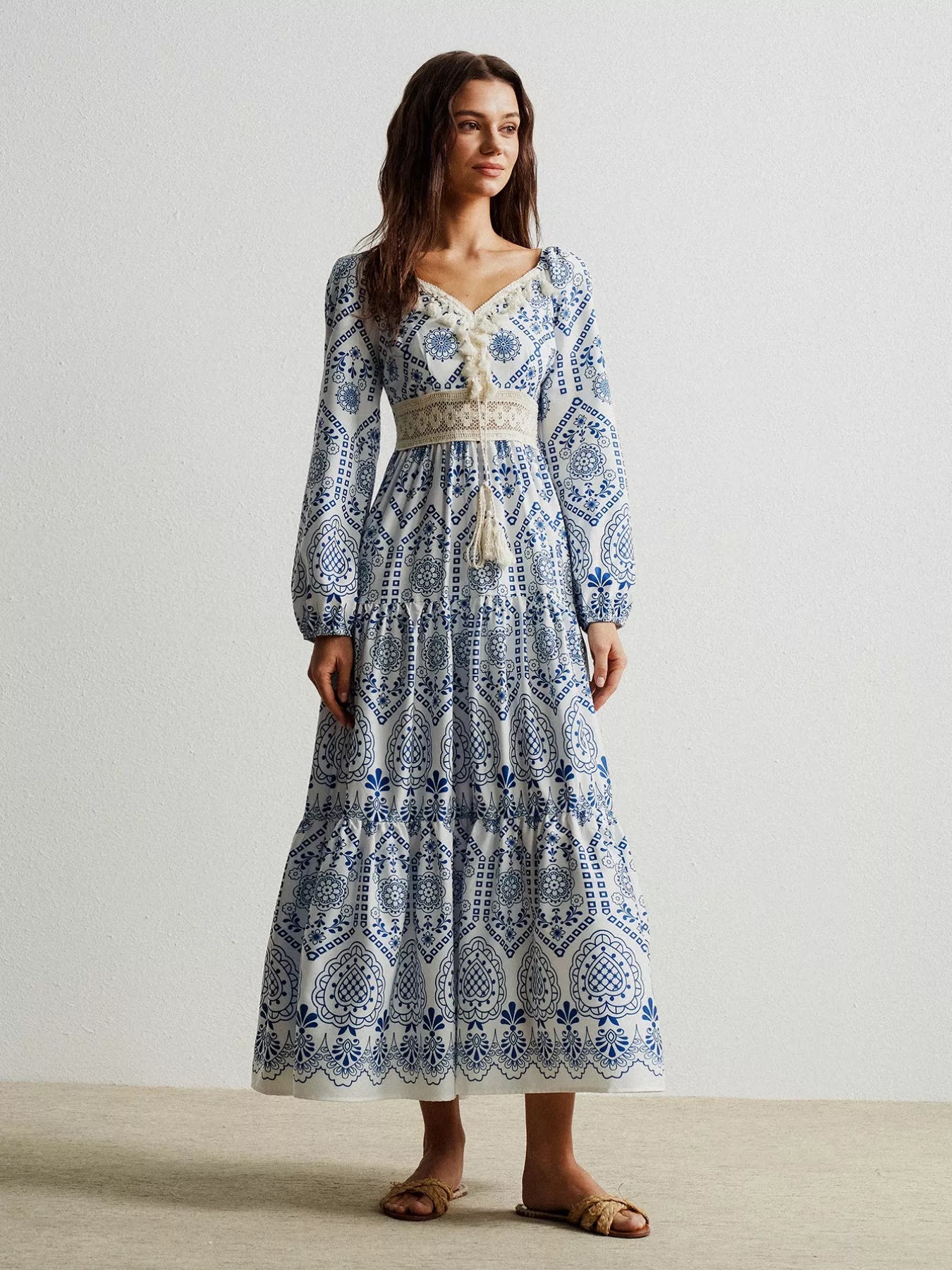 Bohemian Print Midi Dress with Tassel Detail OutfitFlow