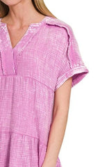 Zenana Washed Double Gauze Raw Edge V-neck Dress OutfitFlow
