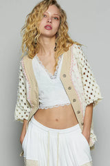 POL Button Down V-Neck Jacket with Printed Woven Patchwork OutfitFlow