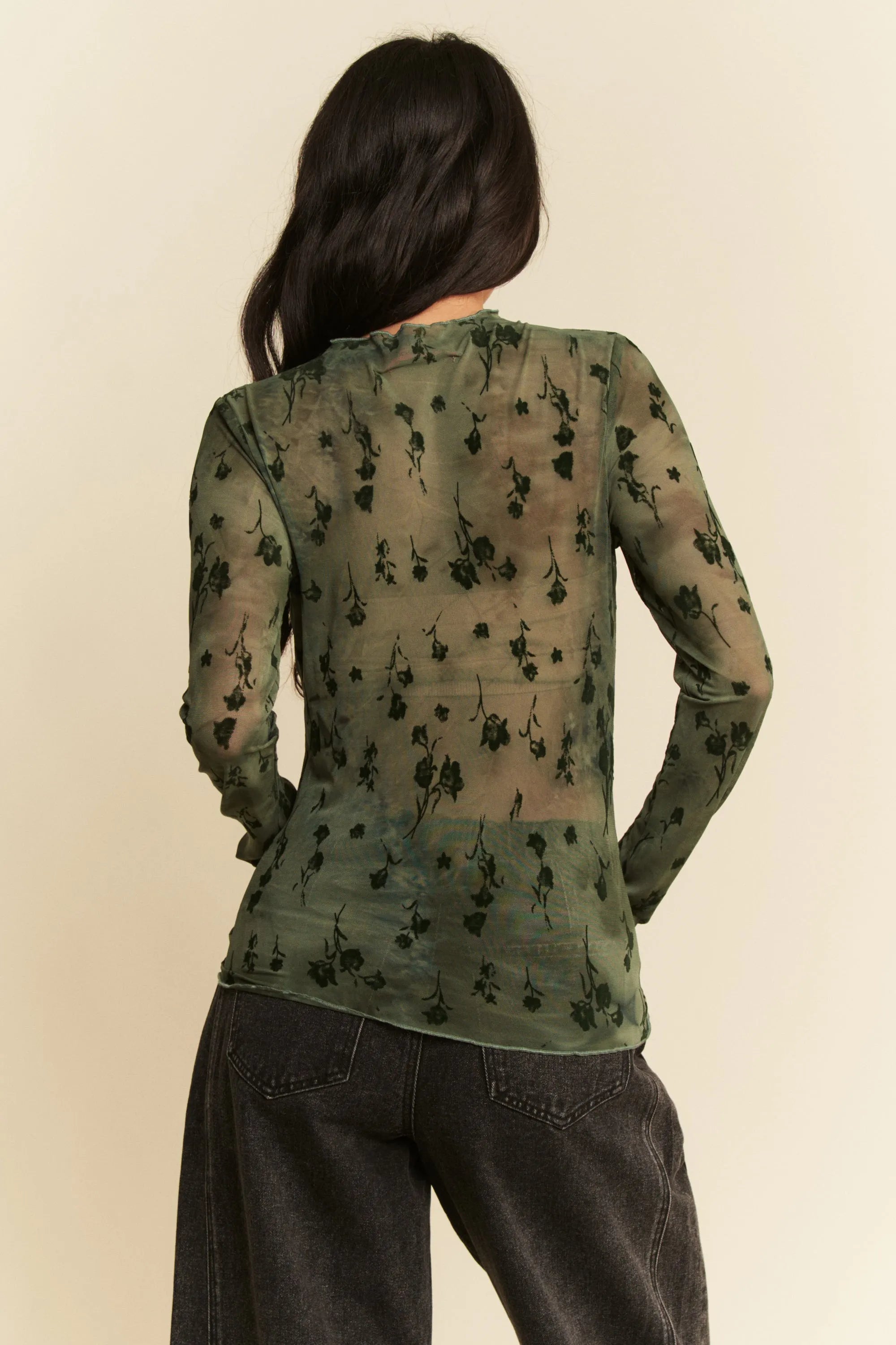 Davi & Dani Floral Mesh Long Sleeve Sheer Layering Top OutfitFlow