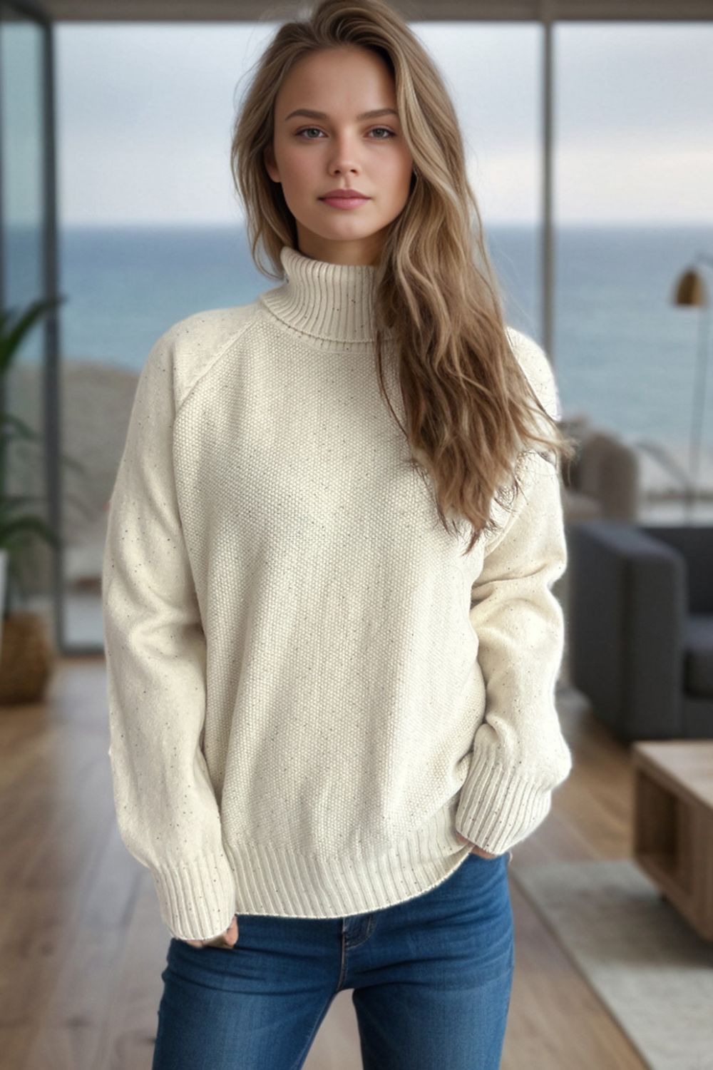 Outfit Flow - Ribbed Turtleneck Raglan Sleeve Sweater