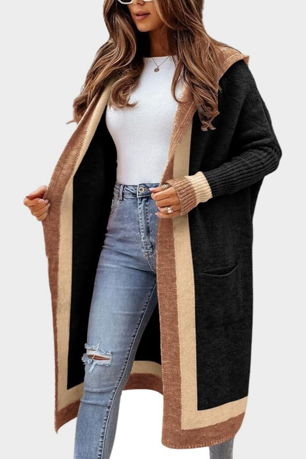 Outfit Flow - Pocketed Contrast Long Sleeve Hooded Cardigan