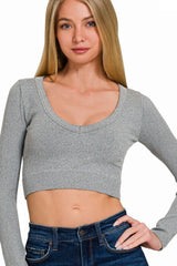 Zenana Seamless Fitted Rib V-neck Long Sleeve Crop Top OutfitFlow