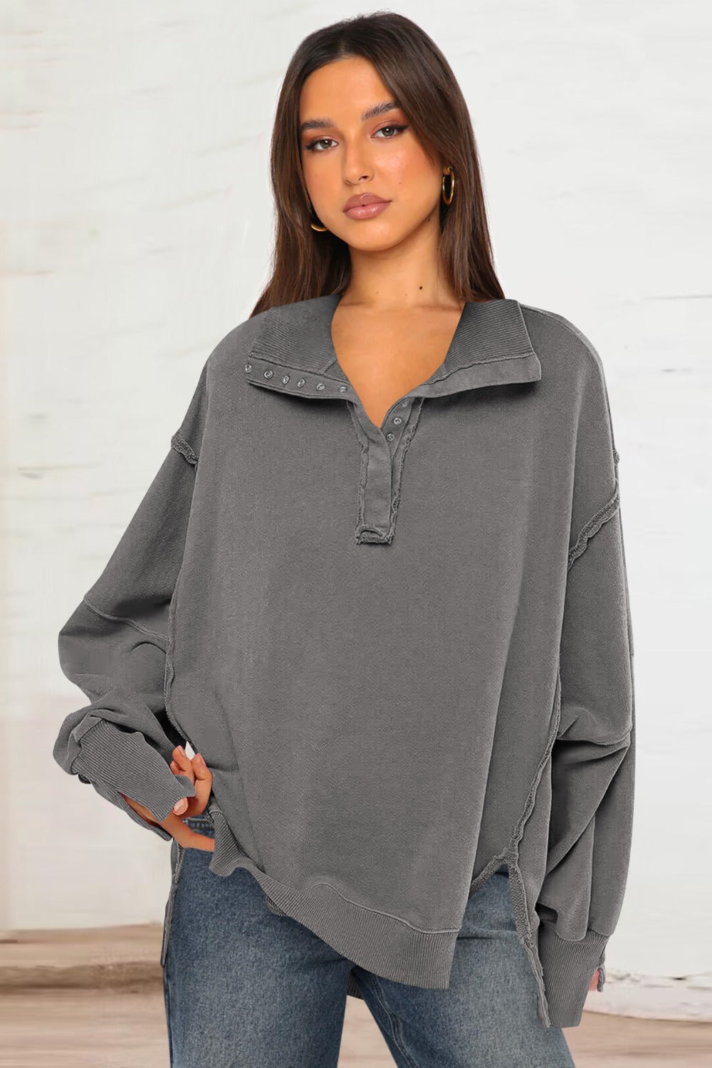 Outfit Flow - Exposed Seam Side Slit Long Sleeve Sweatshirt