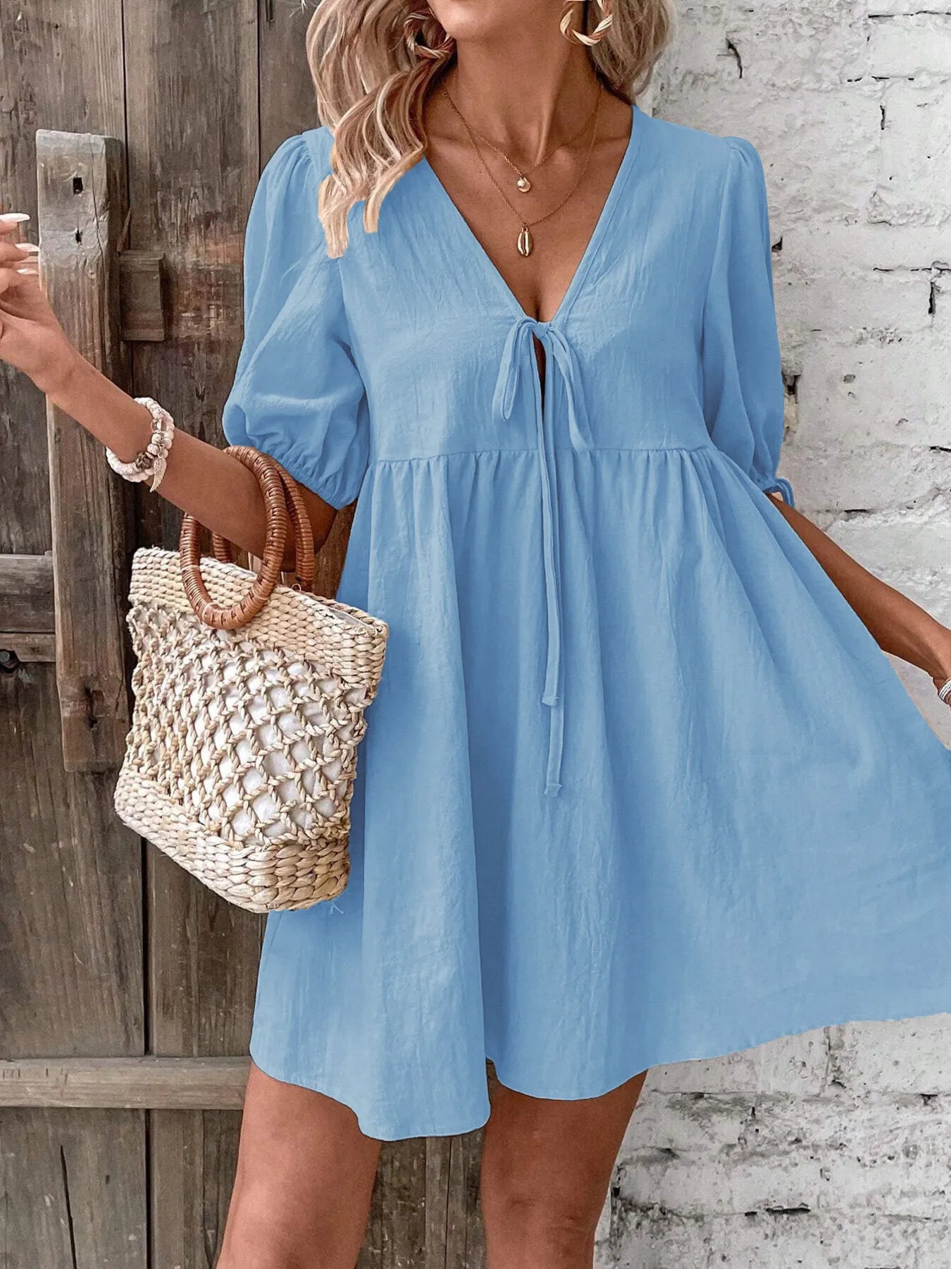V-Neck Tie-Front Mini Dress with Puff Sleeves Blue OutfitFlow