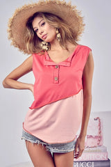 BiBi Color Block Contrast Stitching Buttoned Henley Top OutfitFlow