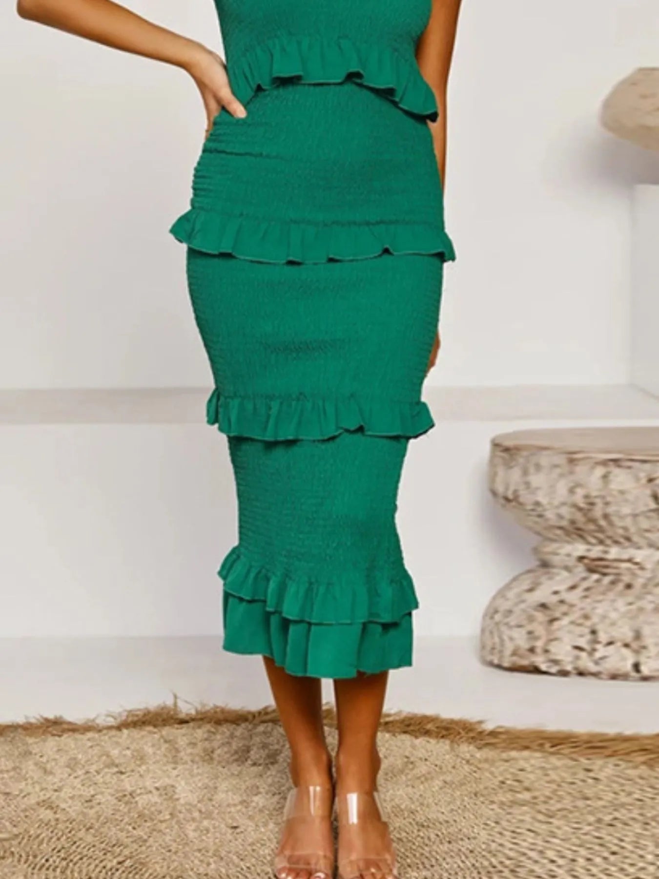 Smocked Ruffled Midi Cami Dress OutfitFlow
