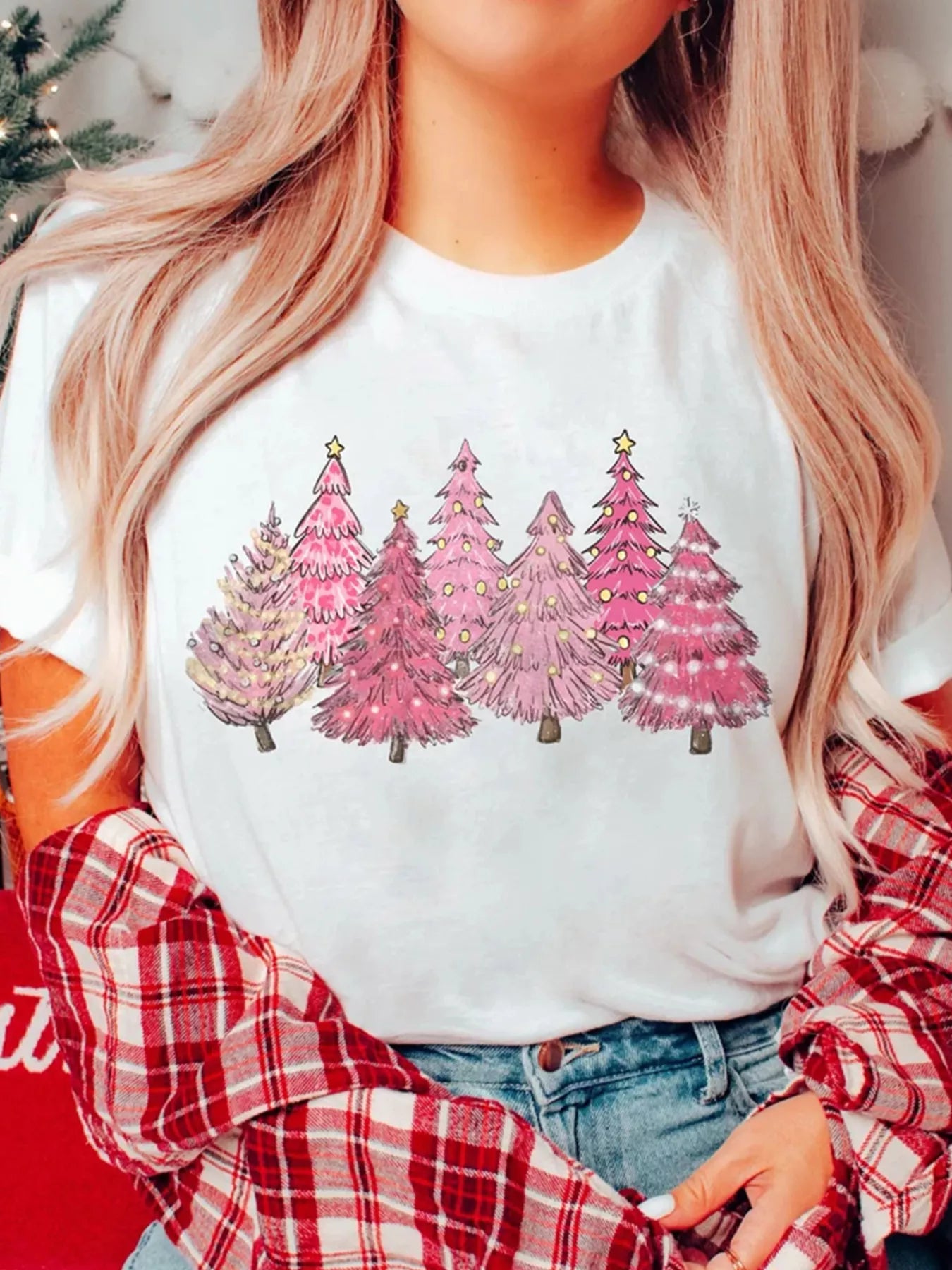 Full Size Lighting Christmas Trees Graphic Tee Plus Size OutfitFlow