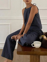 Striped Round Neck Tank and Wide Leg Pants Set OutfitFlow