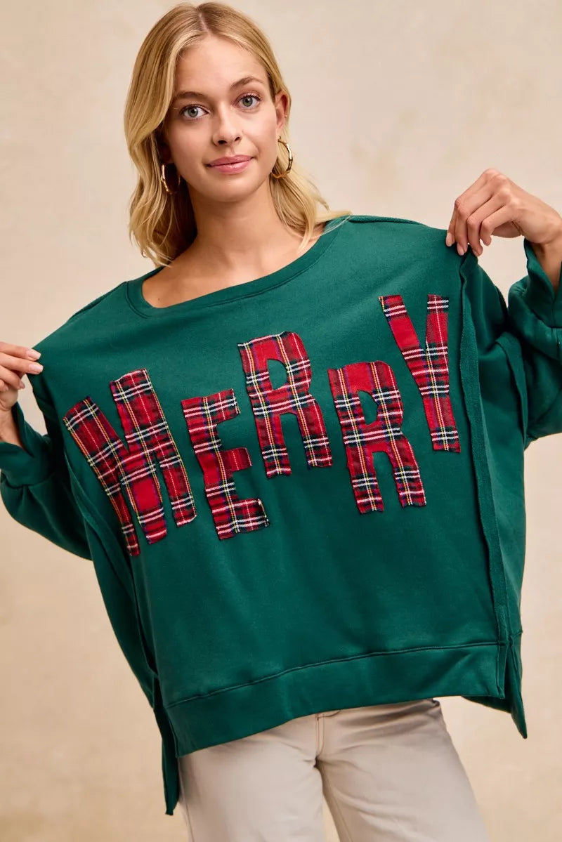 BiBi Christmas Plaid Merry Lettering Fleece Sweatshirt OutfitFlow