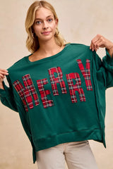 BiBi Christmas Plaid Merry Lettering Fleece Sweatshirt OutfitFlow