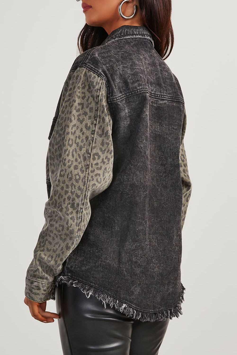 Outfit Flow - Raw Hem Leopard Snap Down Denim Jacket