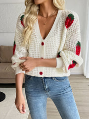 Strawberry Pattern V-Neck Button-Up Cardigan Off-white OutfitFlow