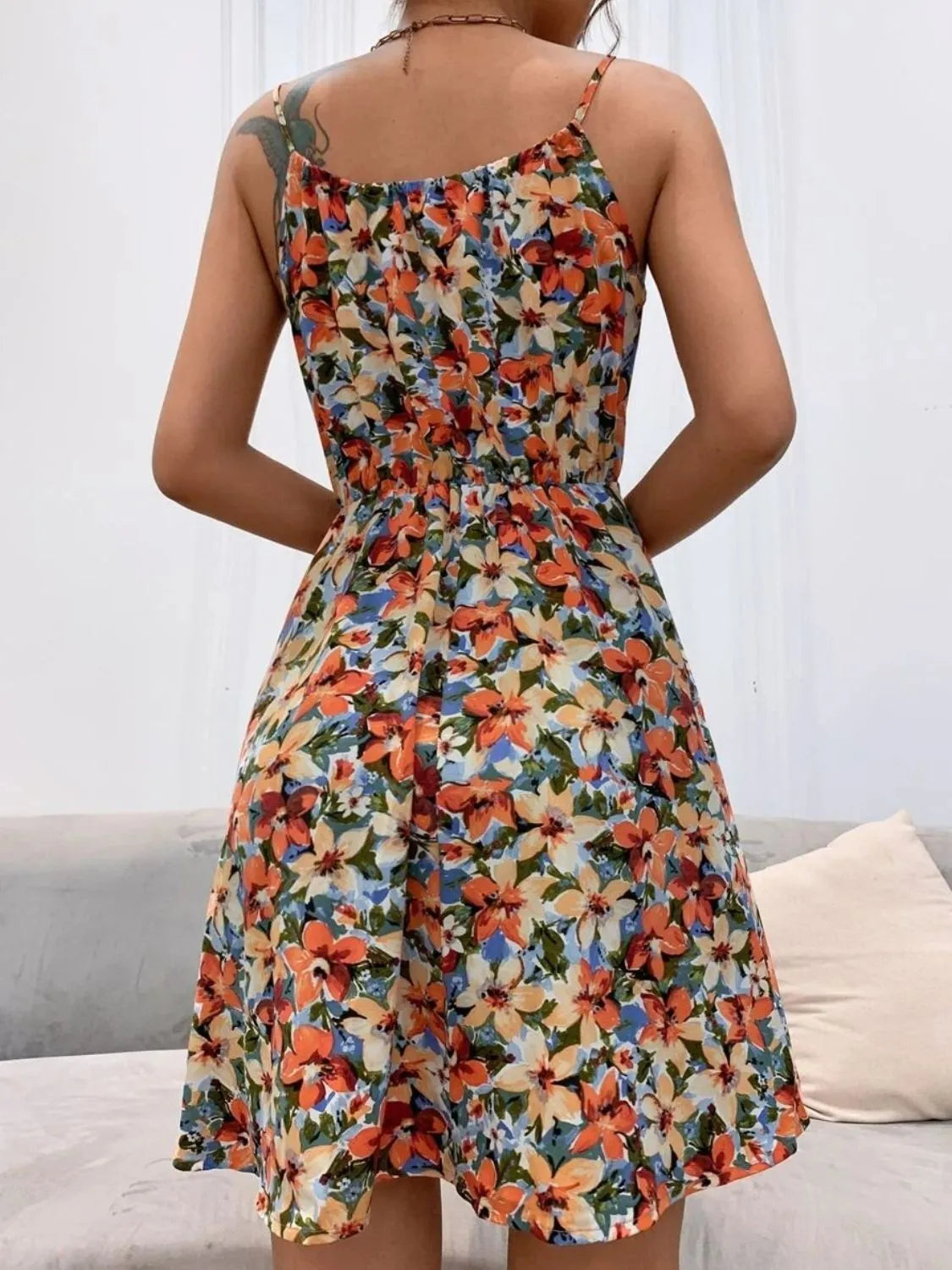 Floral Print Spaghetti Strap Summer Mini Dress OutfitFlow
