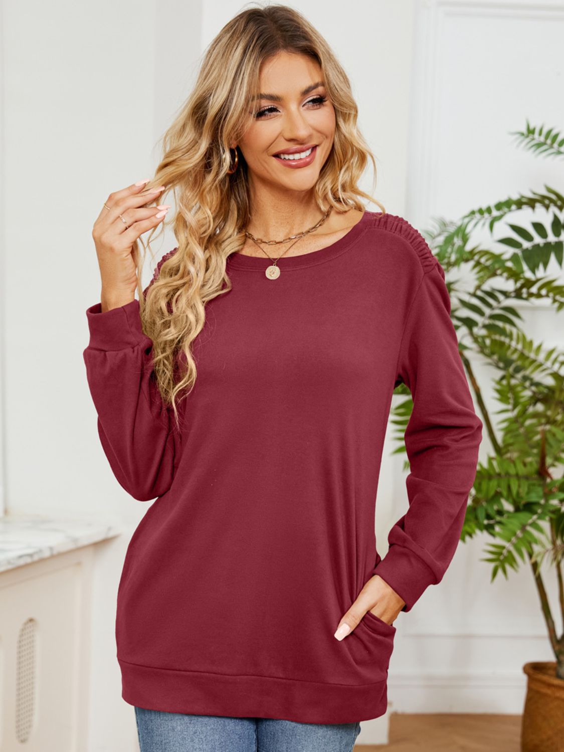 Outfit Flow - Ruched Shoulder Round Neck Long Sleeve Sweatshirt