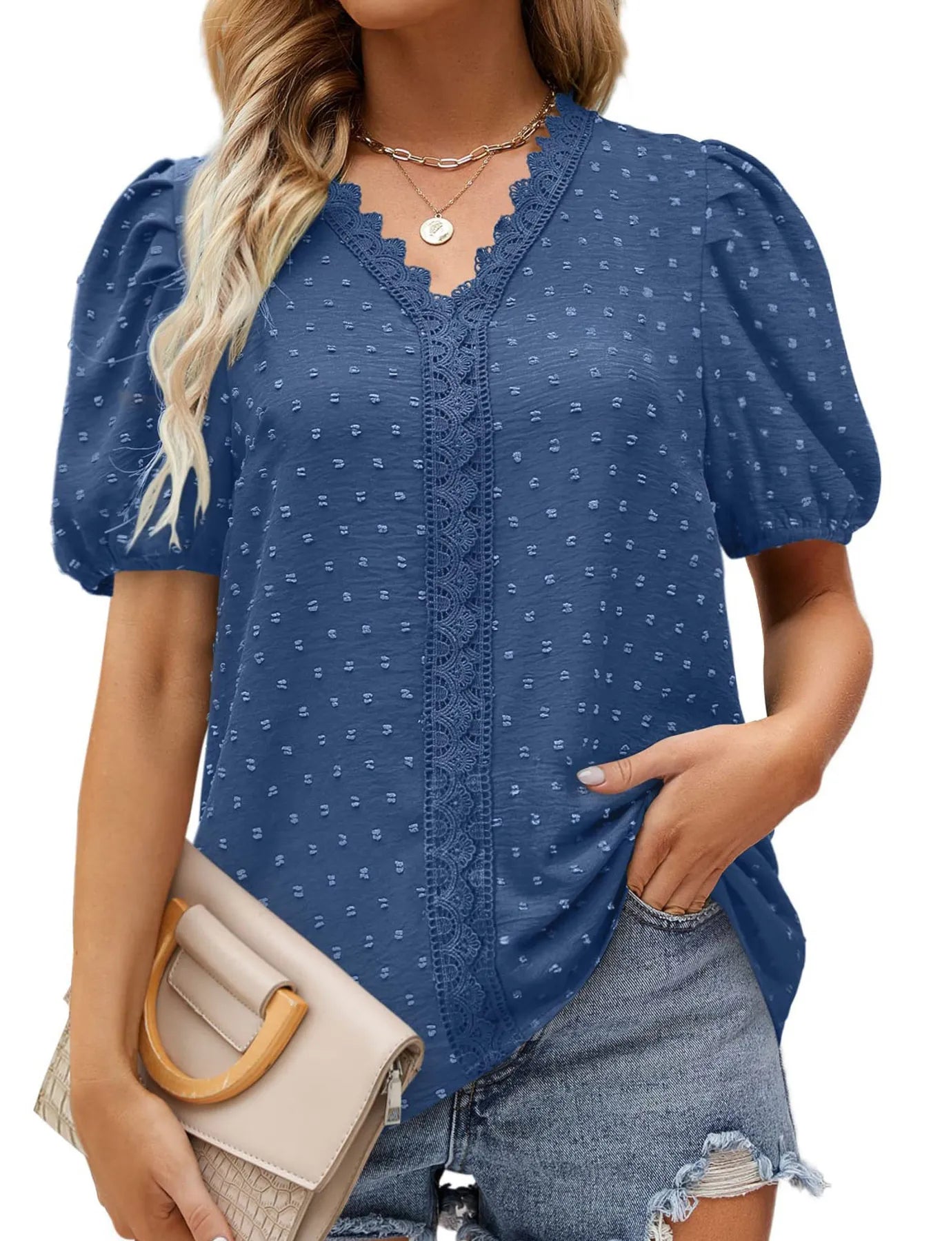 Puff Sleeve Swiss Dot Lace Trim Blouse Blue OutfitFlow