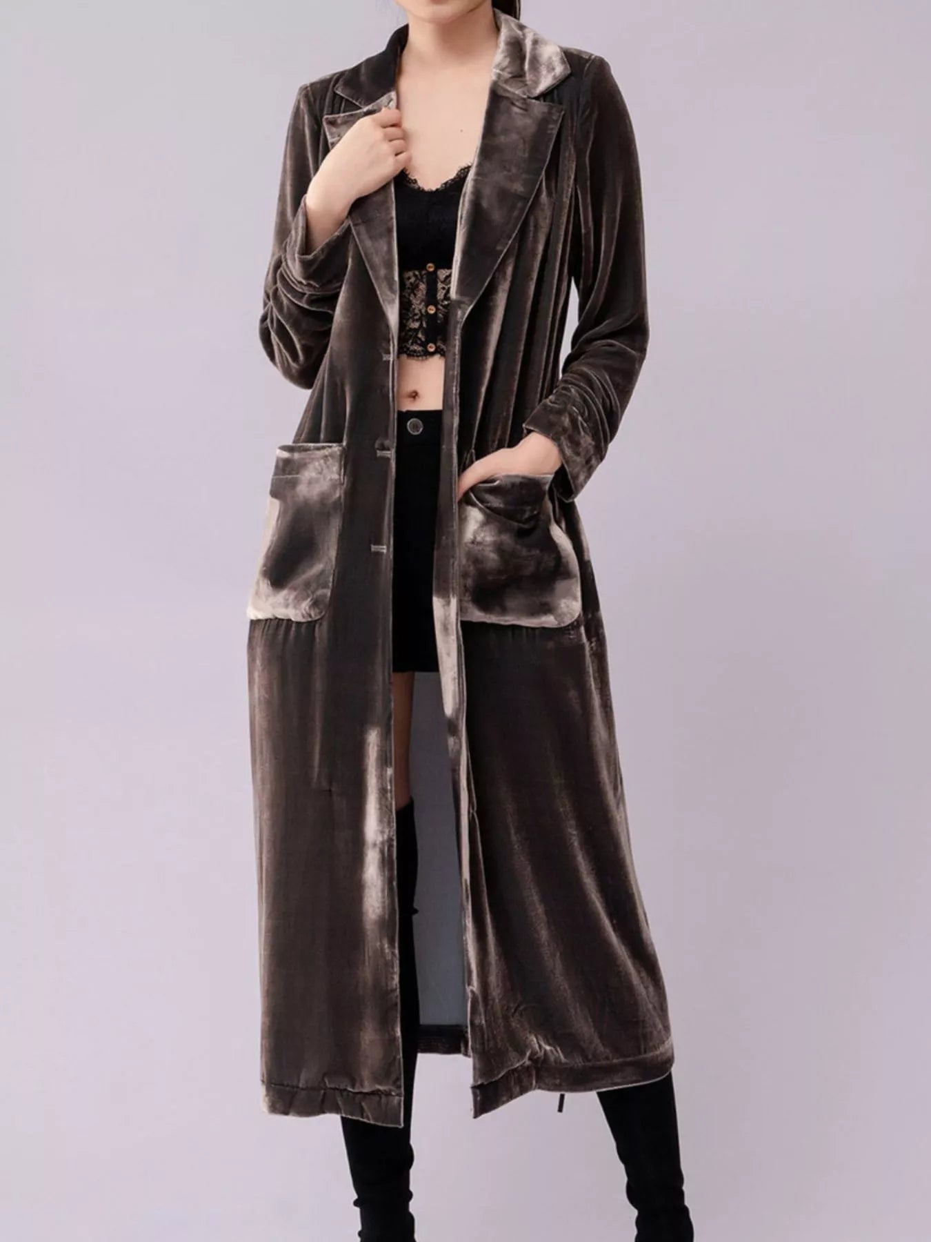 Velvet Lapel Collar Longline Coat Sage Trendsi