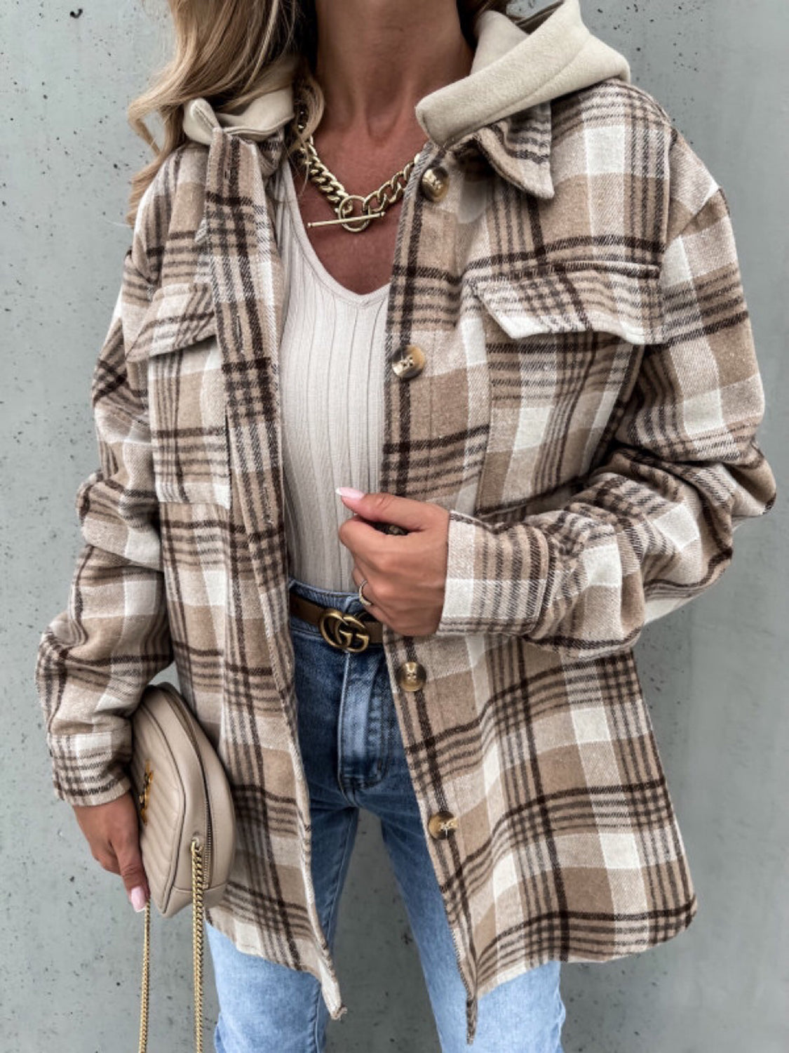 Outfit Flow - Plaid Button Up Jacket with Removable Hood